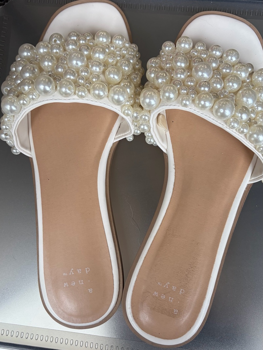 a new day Ivory Pearl-Embellished Slides Sz 8